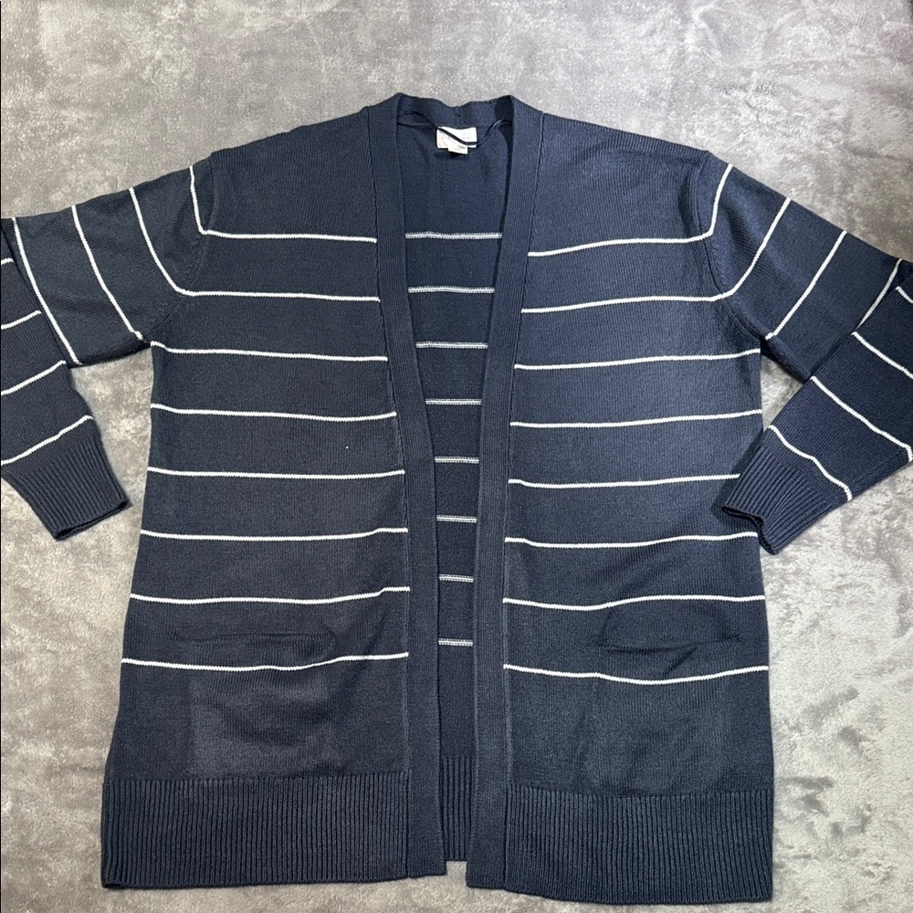 Caslon Dark Blue and Light Gray Striped Cardigan